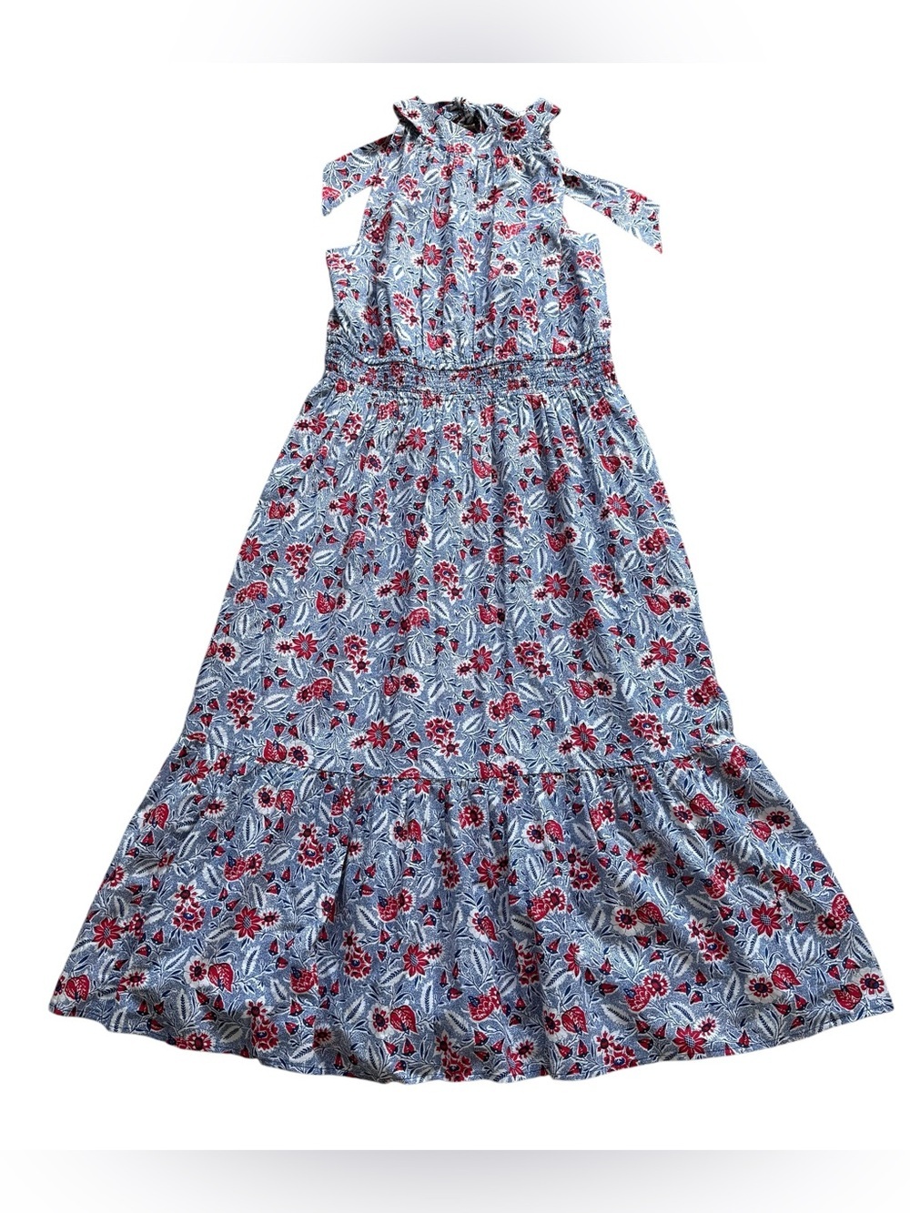 Wonderly Floral Maxi Dress L Blue Red Cotton Smocked Boho Cottagecore Patriotic